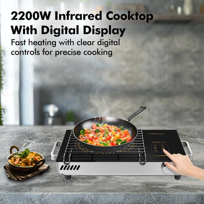 Havells 2200 Watt Infrared Induction Cooktop With Digital Display| Glo TC22-6KV Surge Protection| Sensor Touch| SS304 Food grade grill| 1 Year Door step Warranty By Havells