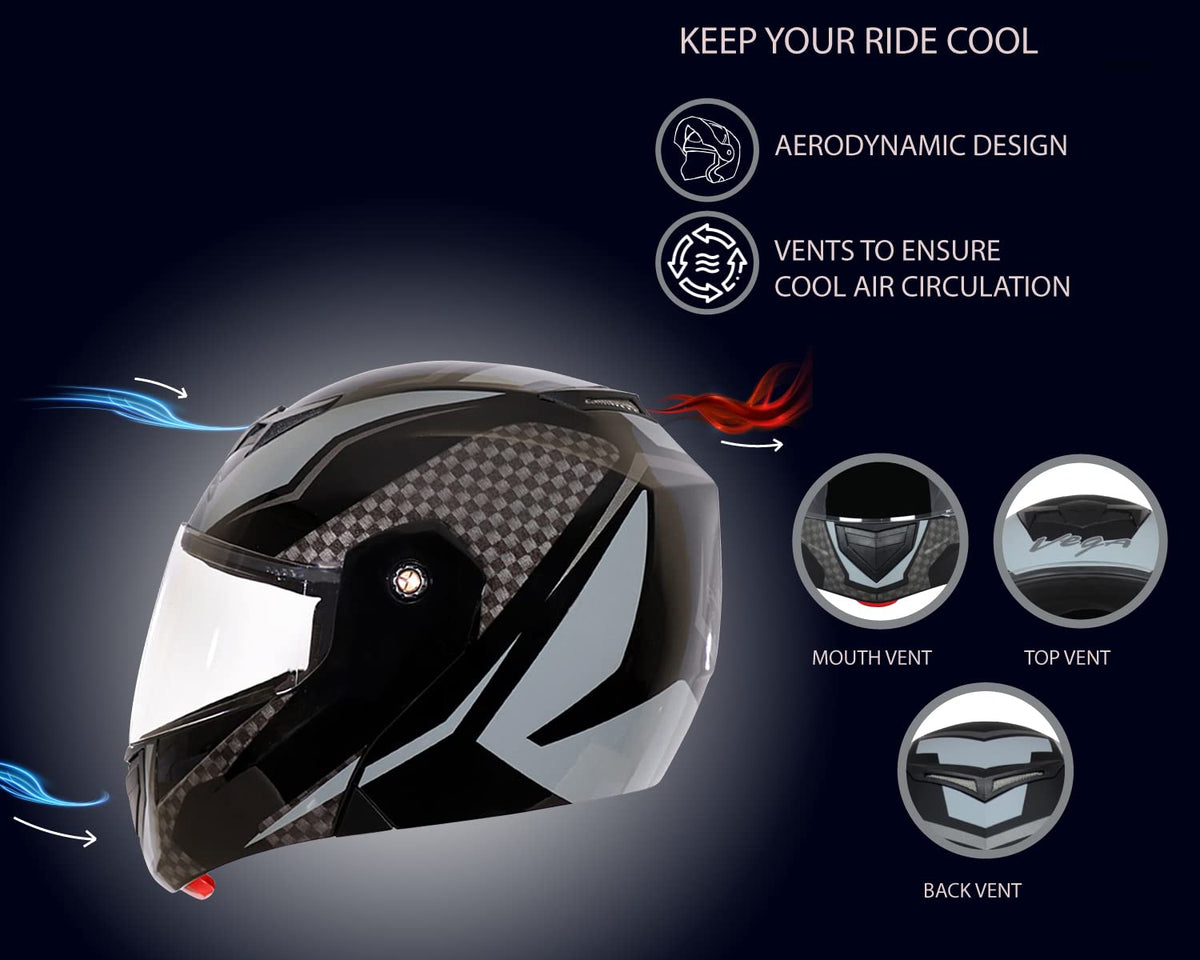 Vega Crux ISI Certified Flip-Up Helmet for Men and Women with Clear Visor(Black, Size:L)