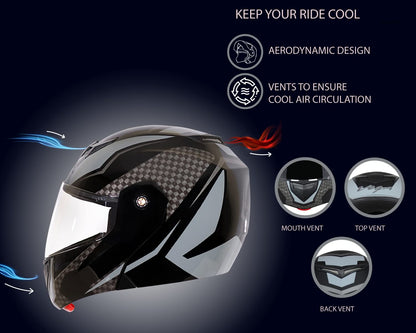 Vega Crux ISI Certified Flip-Up Helmet for Men and Women with Clear Visor(Black, Size:L)