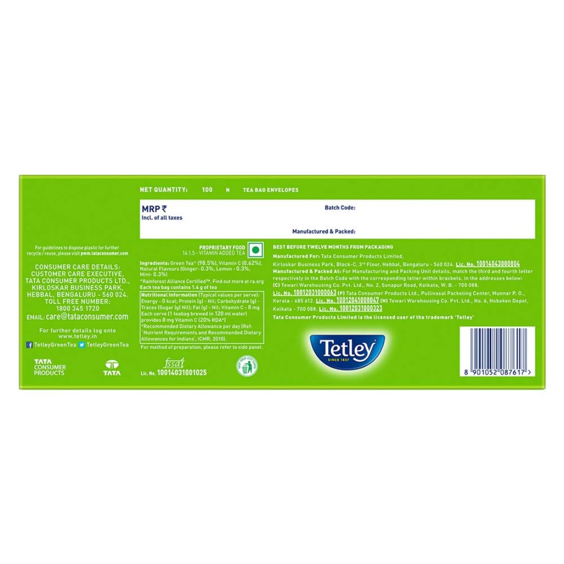 Tetley Green Tea, Ginger, Mint and Lemon, 100 Tea Bags
