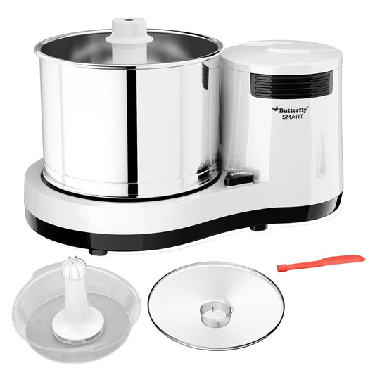 Butterfly Smart 2 Litres Table-Top Wet Grinder|150 Watts|Shockproof ABS Body| Coconut Scrapper Attachment|2 stones with 4-Way Grinding| Stainless Steel Drum | 2 Years Manufacturer's Warranty | White
