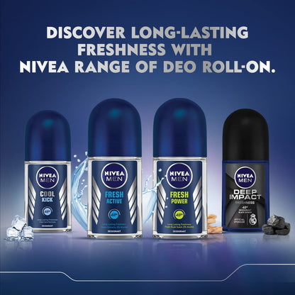 NIVEA MEN Deep Impact Freshness Underarm Roll On Deodorant for Men with Black Carbon | Long Lasting Antiperspirant Roll On for Body Odour Control | Alcohol Free Underarm Deodorant Roll On 50ml
