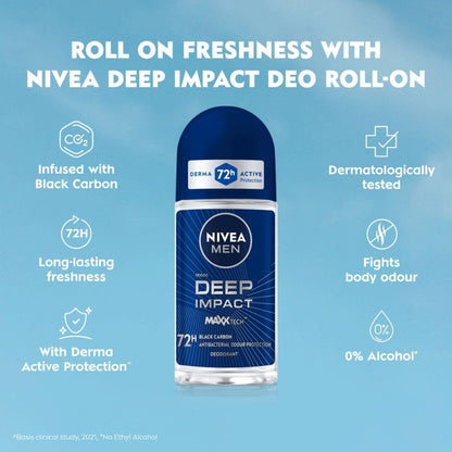 NIVEA MEN Deep Impact Freshness Underarm Roll On Deodorant for Men with Black Carbon | Long Lasting Antiperspirant Roll On for Body Odour Control | Alcohol Free Underarm Deodorant Roll On 50ml