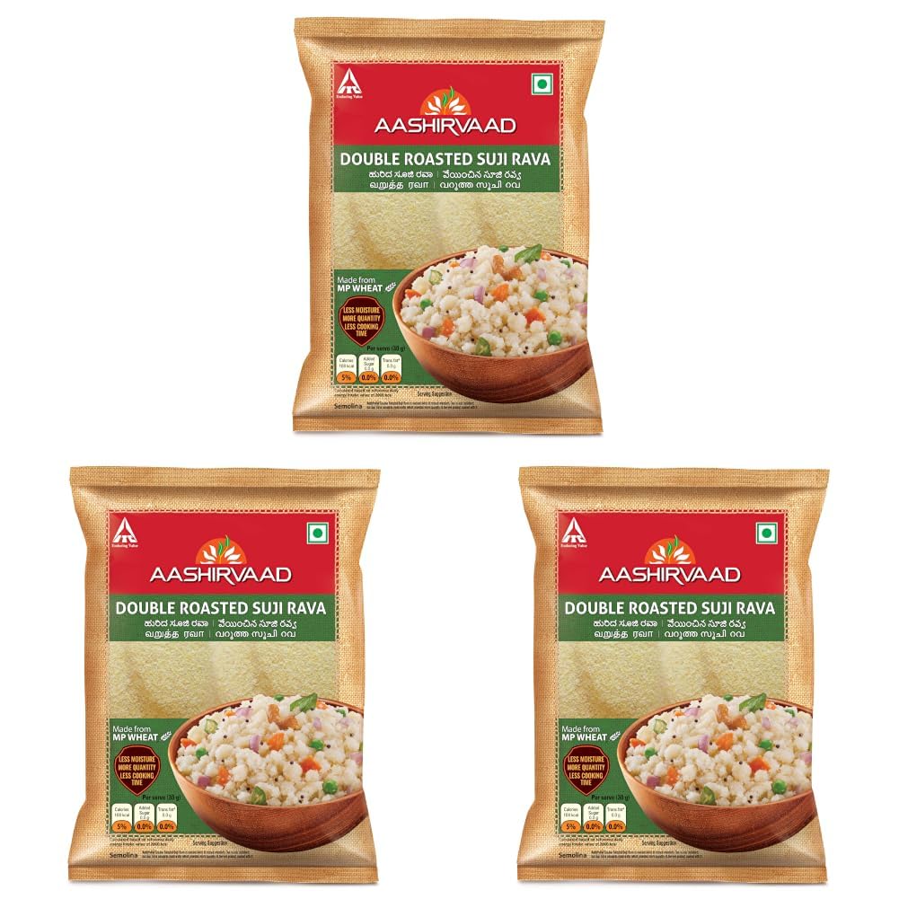 Aashirvaad Double Roasted Suji Rava, 1 kg - Less moisture, more quantity, less cooking time
