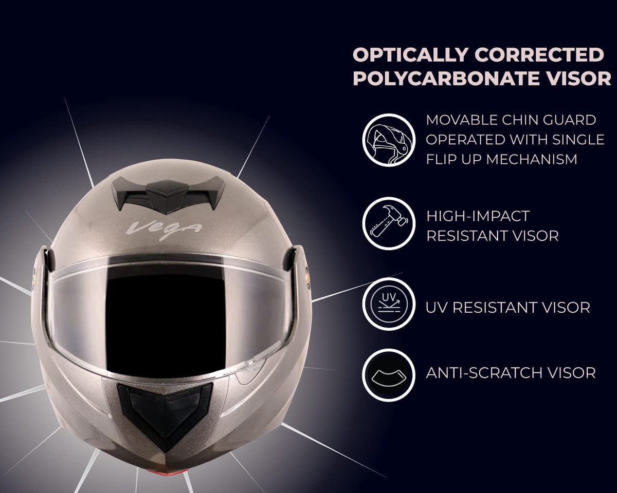 Vega Crux ISI Certified Flip-Up Helmet for Men and Women with Clear Visor(Black, Size:L)