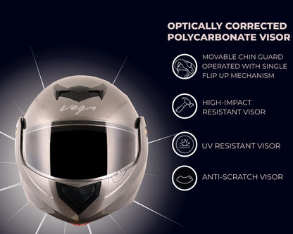Vega Crux ISI Certified Flip-Up Helmet for Men and Women with Clear Visor(Black, Size:L)