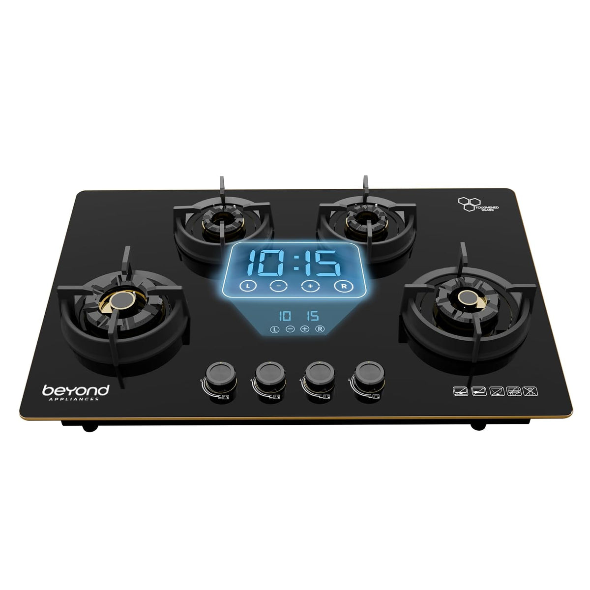 Beyond Appliances Altair 4 Burner Smart Glass Hobtop Gas Stove | Auto Ignition | Digital Timer | Flame Failure Device | Jumbo Burner | Toughened Glass | LPG & PNG Compatible