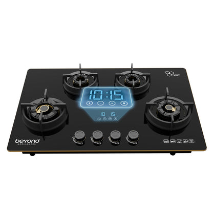 Beyond Appliances Altair 4 Burner Smart Glass Hobtop Gas Stove | Auto Ignition | Digital Timer | Flame Failure Device | Jumbo Burner | Toughened Glass | LPG & PNG Compatible