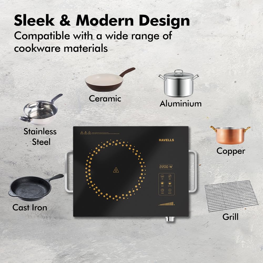 Havells 2200 Watt Infrared Induction Cooktop With Digital Display| Glo TC22-6KV Surge Protection| Sensor Touch| SS304 Food grade grill| 1 Year Door step Warranty By Havells