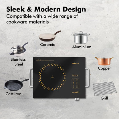 Havells 2200 Watt Infrared Induction Cooktop With Digital Display| Glo TC22-6KV Surge Protection| Sensor Touch| SS304 Food grade grill| 1 Year Door step Warranty By Havells