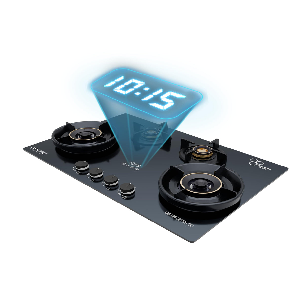 Beyond Appliances Altair 4 Burner Smart Glass Hobtop Gas Stove | Auto Ignition | Digital Timer | Flame Failure Device | Jumbo Burner | Toughened Glass | LPG & PNG Compatible