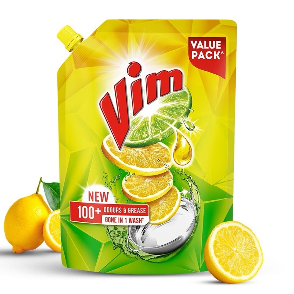 Vim Dishwash Liquid 3 L pouch | Removes 100+ Odours & Grease in 1 wash | With the power of 100 Lemons