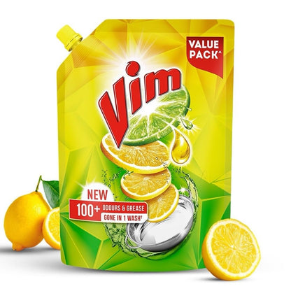 Vim Dishwash Liquid 3 L pouch | Removes 100+ Odours & Grease in 1 wash | With the power of 100 Lemons