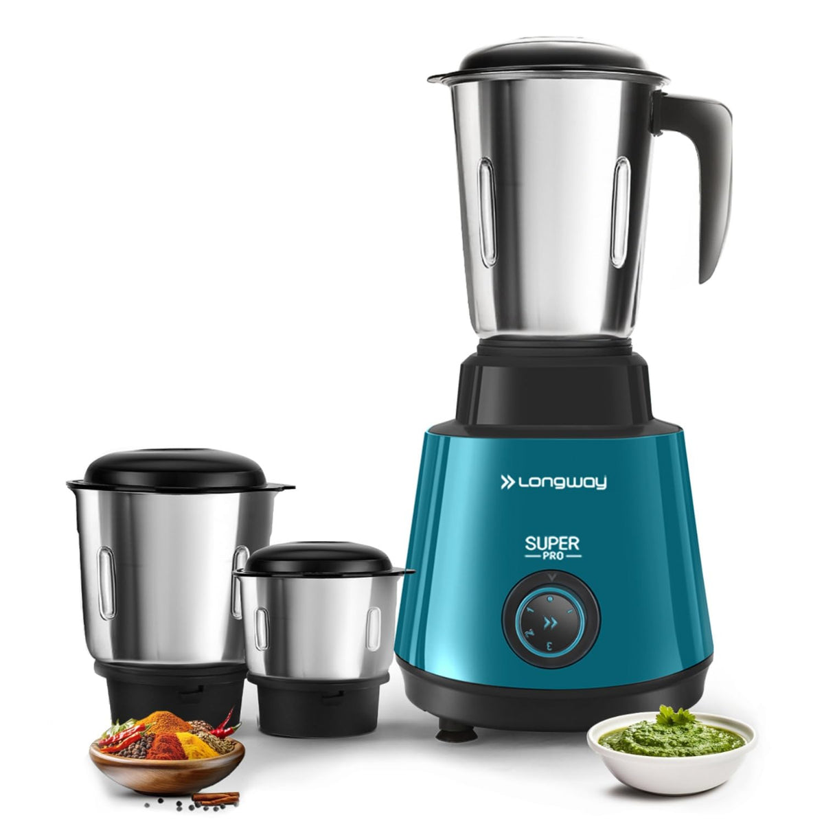 Longway Super Pro Juicer Mixer Grinder | Up to 750W Max Output Powerful Motor | 4 Jars for Grinding, Mixing, Juicing | 2 Years Warranty (Blue & Black)