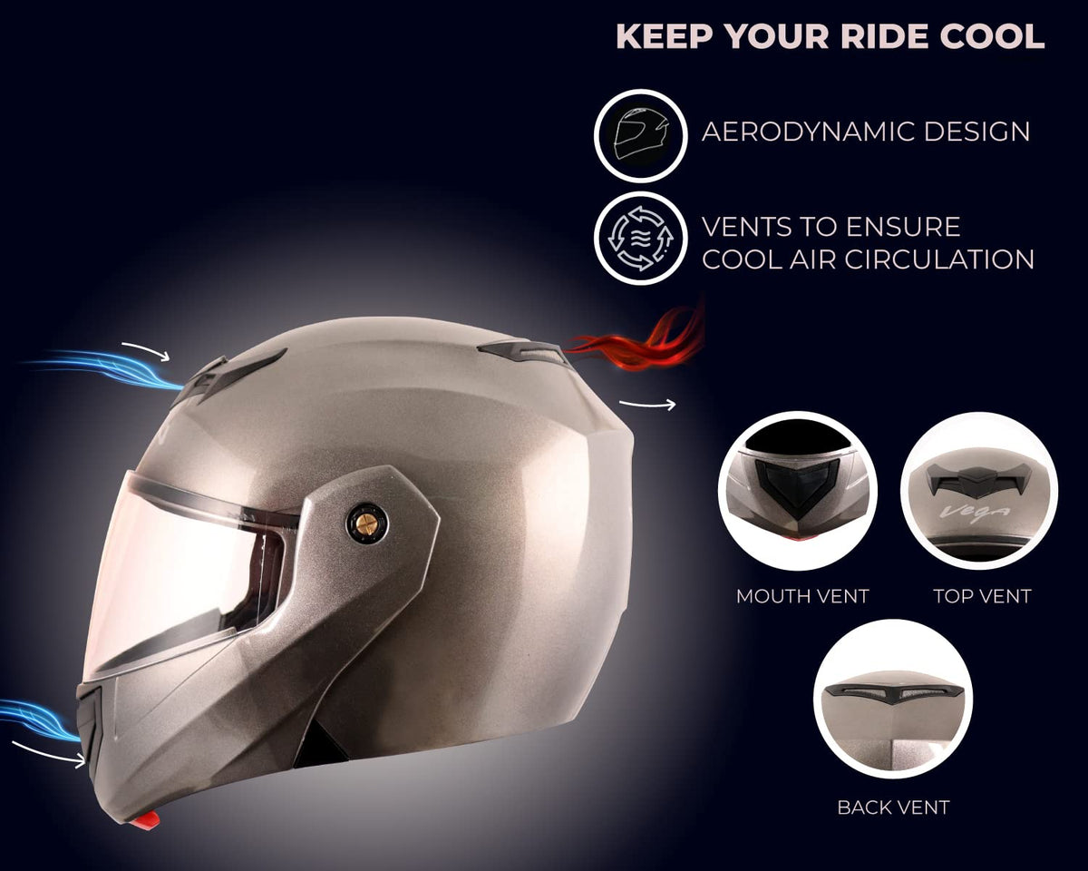 Vega Crux ISI Certified Flip-Up Helmet for Men and Women with Clear Visor(Black, Size:L)
