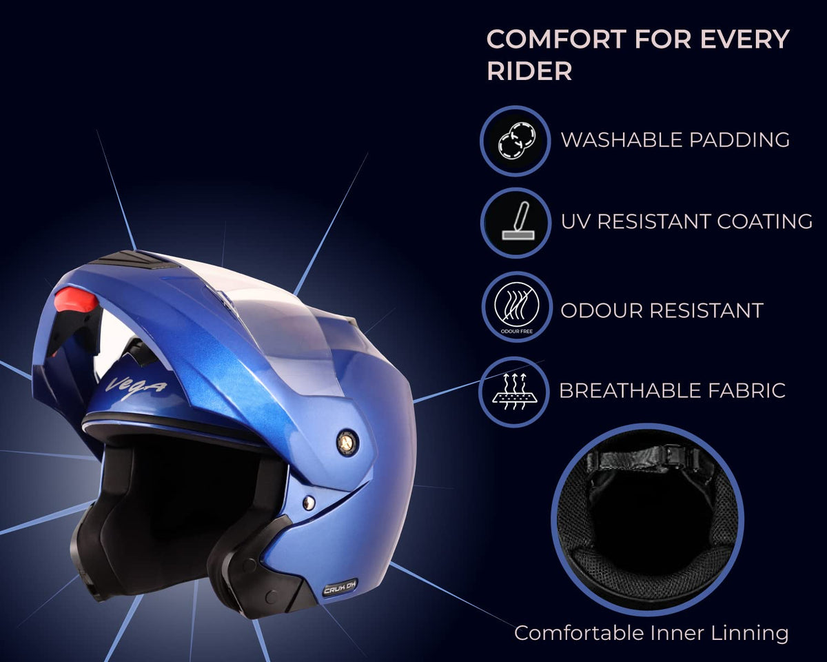Vega Crux ISI Certified Flip-Up Helmet for Men and Women with Clear Visor(Black, Size:L)