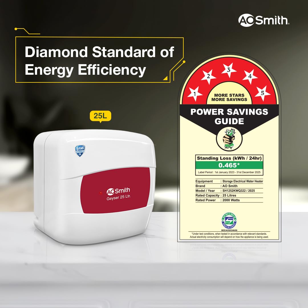 AO Smith Geyser 25 Litre 5 Star Rating (BEE) | Powerful 2KW Heating | Storage Water Heater With 2X Corrosion Resistant Blue Diamond Glass Tank | Warranty: 5 Yr Tank, 2 Yr Comprehensive | HSE-SHS-025
