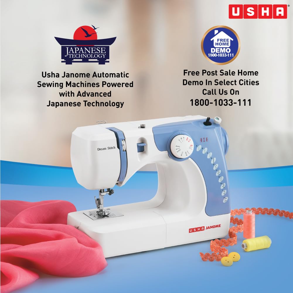 Usha Janome Dream Stitch Automatic Zig-Zag Electric Sewing Machine (White and Blue) 32.5 Quart