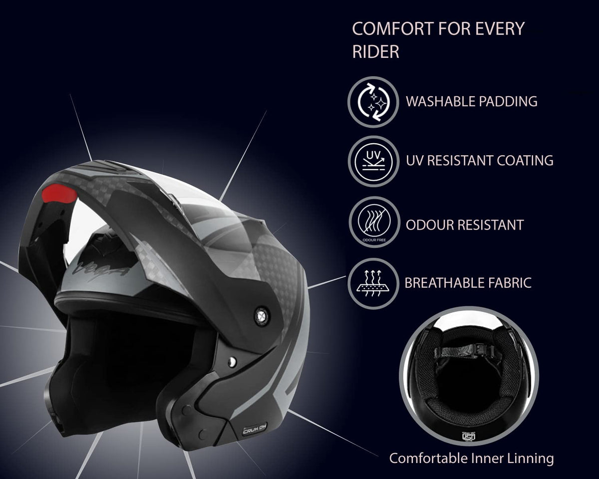 Vega Crux ISI Certified Flip-Up Helmet for Men and Women with Clear Visor(Black, Size:L)
