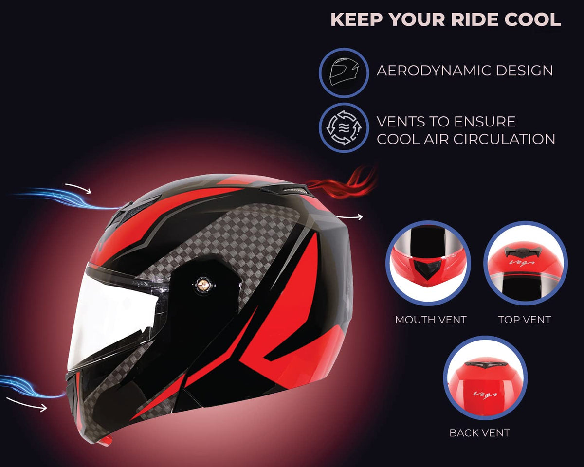 Vega Crux ISI Certified Flip-Up Helmet for Men and Women with Clear Visor(Black, Size:L)