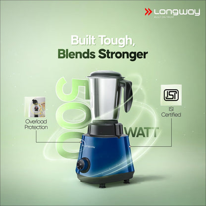 Longway Super Pro Juicer Mixer Grinder | Up to 750W Max Output Powerful Motor | 4 Jars for Grinding, Mixing, Juicing | 2 Years Warranty (Blue & Black)