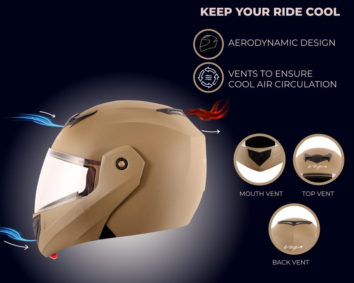 Vega Crux ISI Certified Flip-Up Helmet for Men and Women with Clear Visor(Black, Size:L)