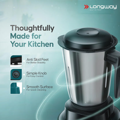 Longway Super Pro Juicer Mixer Grinder | Up to 750W Max Output Powerful Motor | 4 Jars for Grinding, Mixing, Juicing | 2 Years Warranty (Blue & Black)