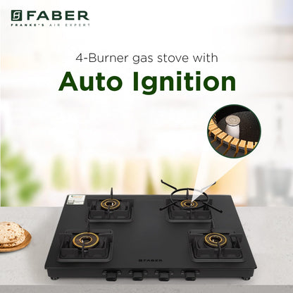 Faber Blossom Black Matt Glass Finish Cooktop| 4 Brass Burners-1Jumbo, 2Medium & 1Small |Manual Ignition | Heavy Pan Support With ABS Knobs | 5Yr Warranty on Glass & Burners by Faber| Blossom4BB BK CI