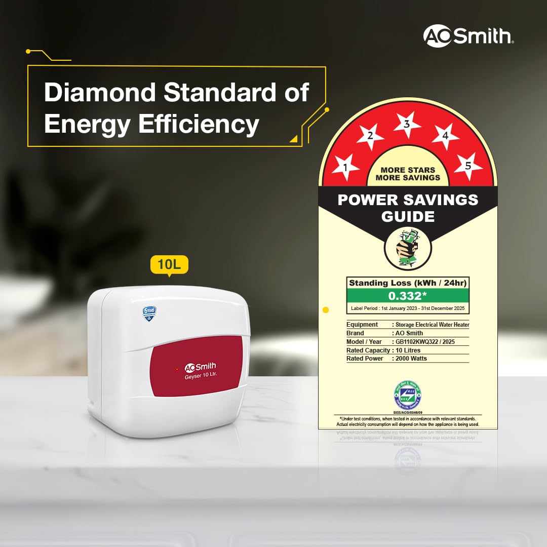 AO Smith Geyser 25 Litre 5 Star Rating (BEE) | Powerful 2KW Heating | Storage Water Heater With 2X Corrosion Resistant Blue Diamond Glass Tank | Warranty: 5 Yr Tank, 2 Yr Comprehensive | HSE-SHS-025