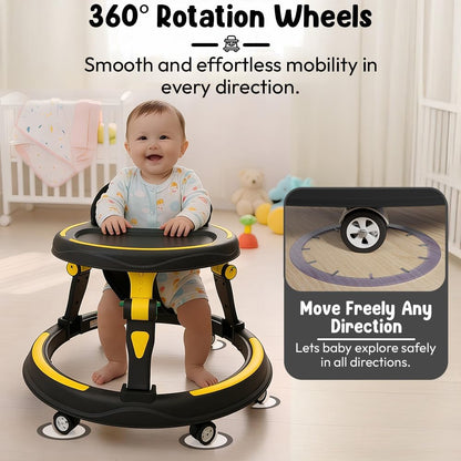 StarandDaisy Baby Walker for Babies, 6-18 Month Baby Boy & Girl, Adjustable Height Infant Learning Walker with 360° Wheels, Anti-Slip, Comfortable Padded Seat, Activity Tray, Foldable Toddler Walker (Orange-Black)