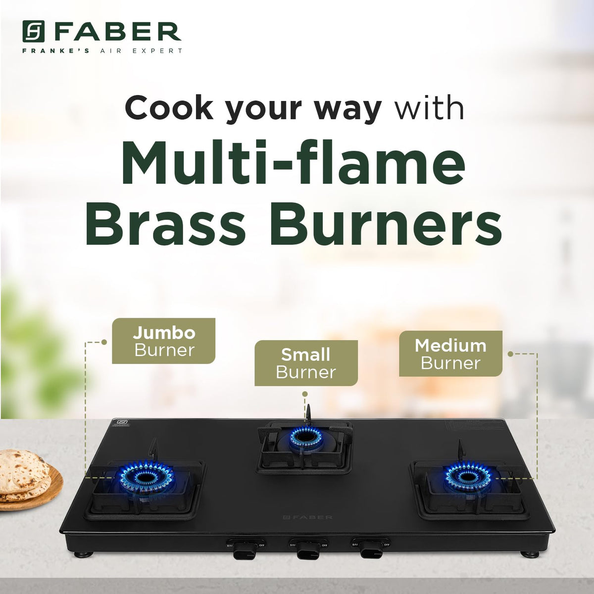 Faber Blossom Black Matt Glass Finish Cooktop| 4 Brass Burners-1Jumbo, 2Medium & 1Small |Manual Ignition | Heavy Pan Support With ABS Knobs | 5Yr Warranty on Glass & Burners by Faber| Blossom4BB BK CI