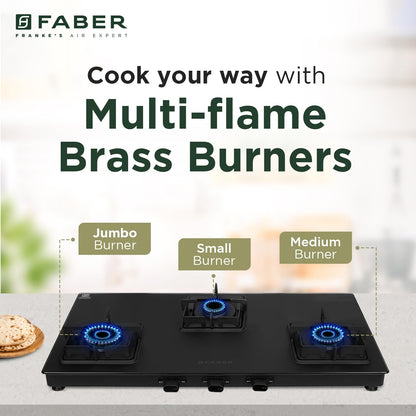 Faber Blossom Black Matt Glass Finish Cooktop| 4 Brass Burners-1Jumbo, 2Medium & 1Small |Manual Ignition | Heavy Pan Support With ABS Knobs | 5Yr Warranty on Glass & Burners by Faber| Blossom4BB BK CI