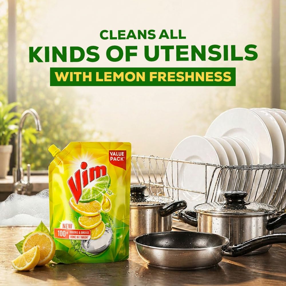 Vim Dishwash Liquid 3 L pouch | Removes 100+ Odours & Grease in 1 wash | With the power of 100 Lemons