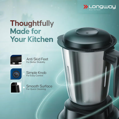 Longway Super Pro Juicer Mixer Grinder | Up to 750W Max Output Powerful Motor | 4 Jars for Grinding, Mixing, Juicing | 2 Years Warranty (Blue & Black)