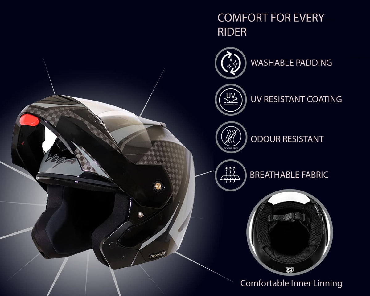 Vega Crux ISI Certified Flip-Up Helmet for Men and Women with Clear Visor(Black, Size:L)