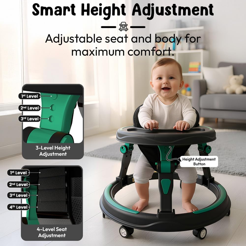 StarandDaisy Baby Walker for Babies, 6-18 Month Baby Boy & Girl, Adjustable Height Infant Learning Walker with 360° Wheels, Anti-Slip, Comfortable Padded Seat, Activity Tray, Foldable Toddler Walker (Orange-Black)