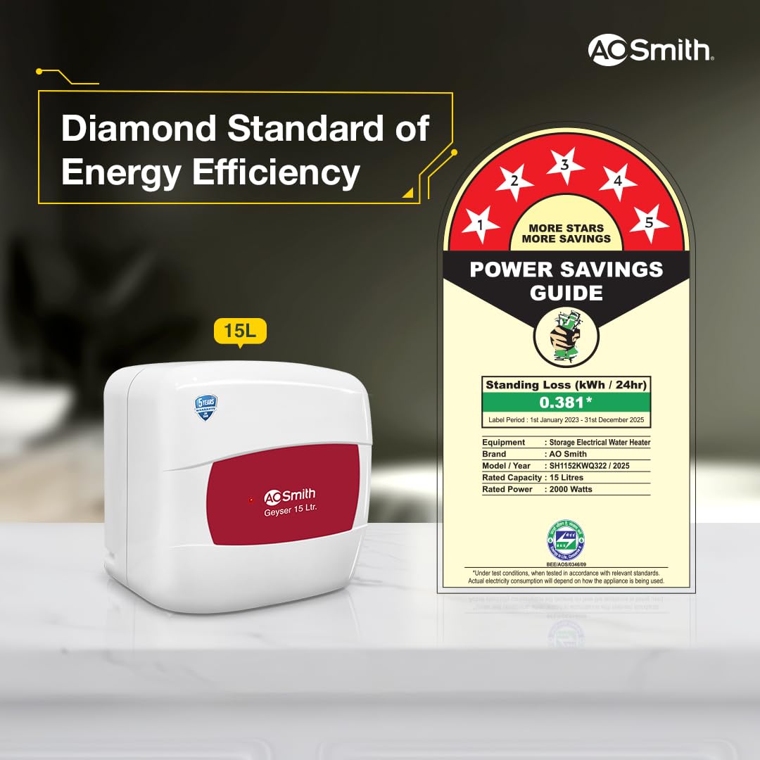 AO Smith Geyser 25 Litre 5 Star Rating (BEE) | Powerful 2KW Heating | Storage Water Heater With 2X Corrosion Resistant Blue Diamond Glass Tank | Warranty: 5 Yr Tank, 2 Yr Comprehensive | HSE-SHS-025