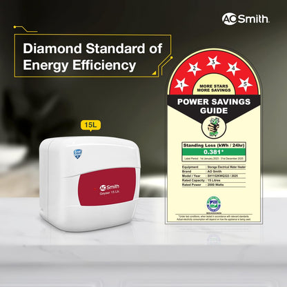 AO Smith Geyser 25 Litre 5 Star Rating (BEE) | Powerful 2KW Heating | Storage Water Heater With 2X Corrosion Resistant Blue Diamond Glass Tank | Warranty: 5 Yr Tank, 2 Yr Comprehensive | HSE-SHS-025