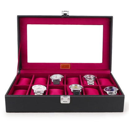 LEDO Men's and Women's Watch Box Holder Organizer Case In 12 Slots of watches In PU Leather with Black & Gray