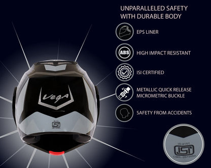 Vega Crux ISI Certified Flip-Up Helmet for Men and Women with Clear Visor(Black, Size:L)