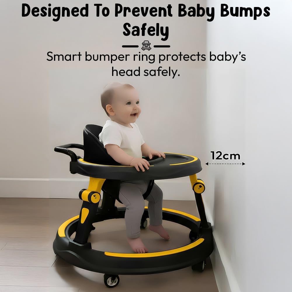 StarandDaisy Baby Walker for Babies, 6-18 Month Baby Boy & Girl, Adjustable Height Infant Learning Walker with 360° Wheels, Anti-Slip, Comfortable Padded Seat, Activity Tray, Foldable Toddler Walker (Orange-Black)