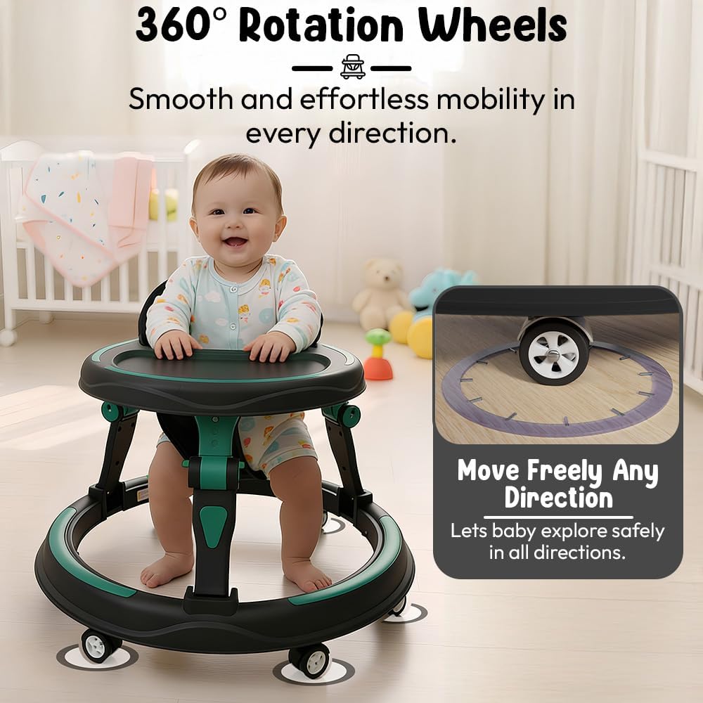 StarandDaisy Baby Walker for Babies, 6-18 Month Baby Boy & Girl, Adjustable Height Infant Learning Walker with 360° Wheels, Anti-Slip, Comfortable Padded Seat, Activity Tray, Foldable Toddler Walker (Orange-Black)