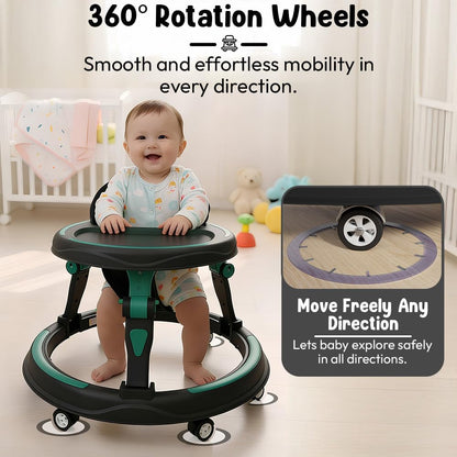 StarandDaisy Baby Walker for Babies, 6-18 Month Baby Boy & Girl, Adjustable Height Infant Learning Walker with 360° Wheels, Anti-Slip, Comfortable Padded Seat, Activity Tray, Foldable Toddler Walker (Orange-Black)