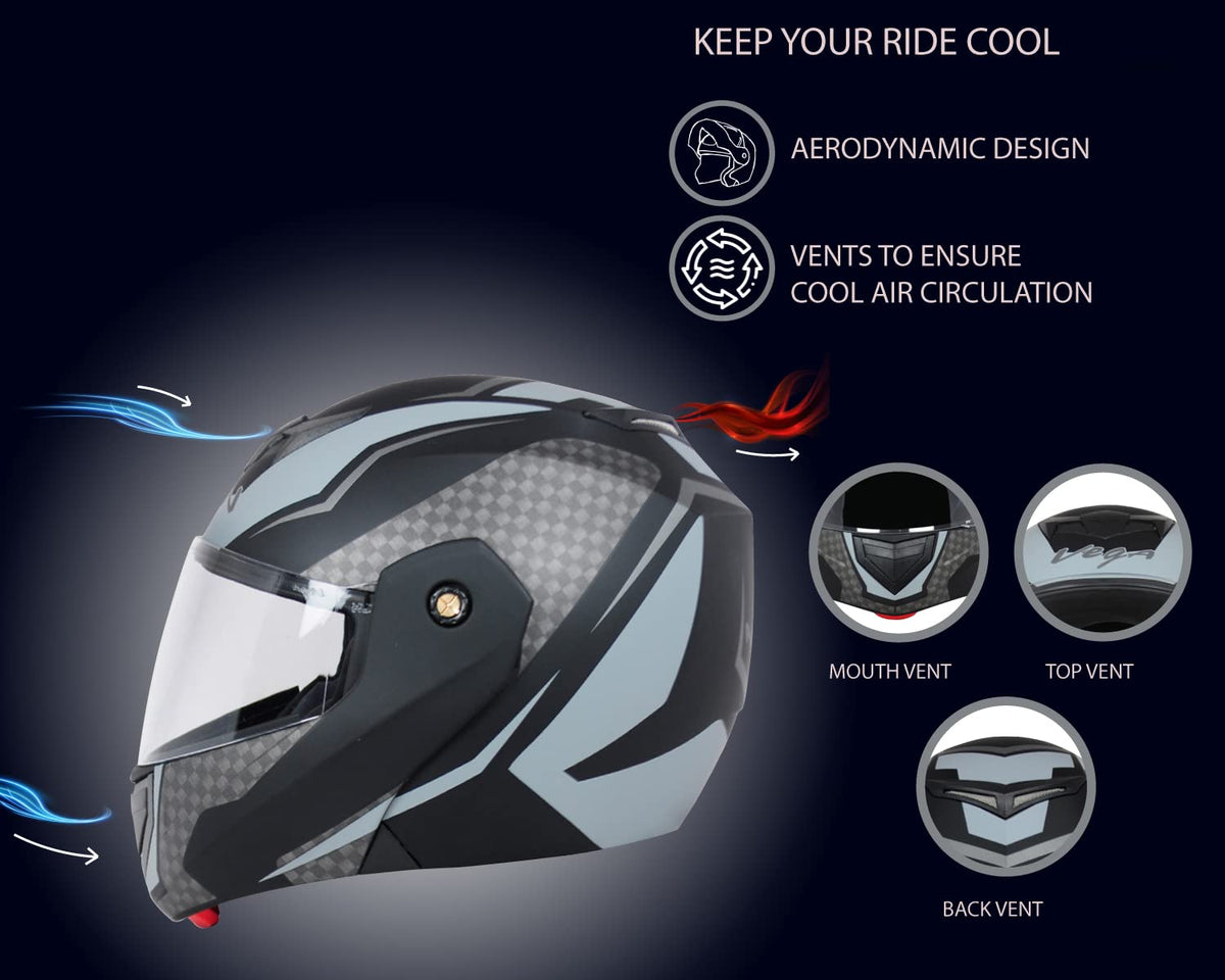 Vega Crux ISI Certified Flip-Up Helmet for Men and Women with Clear Visor(Black, Size:L)