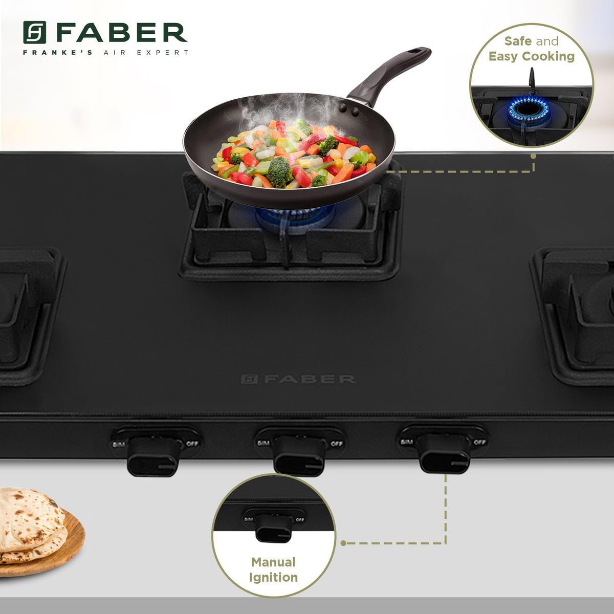 Faber Blossom Black Matt Glass Finish Cooktop| 4 Brass Burners-1Jumbo, 2Medium & 1Small |Manual Ignition | Heavy Pan Support With ABS Knobs | 5Yr Warranty on Glass & Burners by Faber| Blossom4BB BK CI