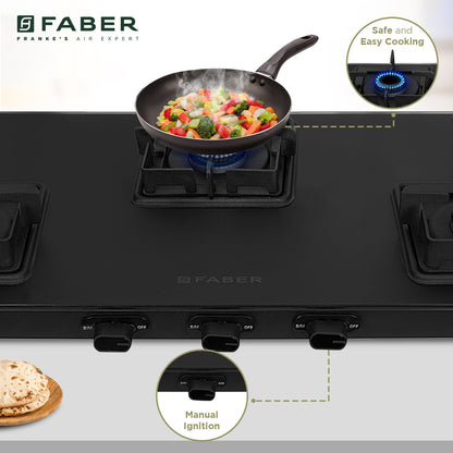 Faber Blossom Black Matt Glass Finish Cooktop| 4 Brass Burners-1Jumbo, 2Medium & 1Small |Manual Ignition | Heavy Pan Support With ABS Knobs | 5Yr Warranty on Glass & Burners by Faber| Blossom4BB BK CI