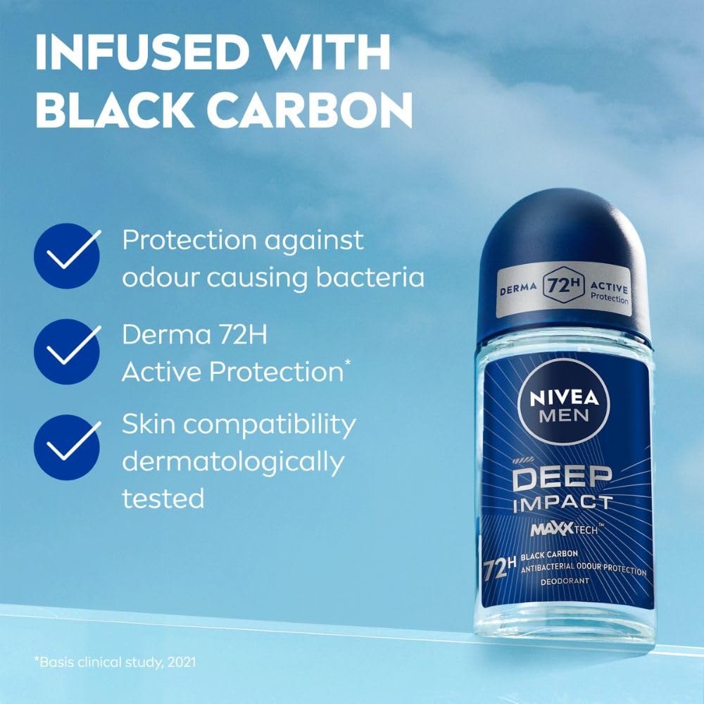 NIVEA MEN Deep Impact Freshness Underarm Roll On Deodorant for Men with Black Carbon | Long Lasting Antiperspirant Roll On for Body Odour Control | Alcohol Free Underarm Deodorant Roll On 50ml