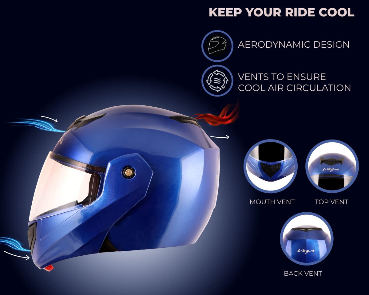 Vega Crux ISI Certified Flip-Up Helmet for Men and Women with Clear Visor(Black, Size:L)