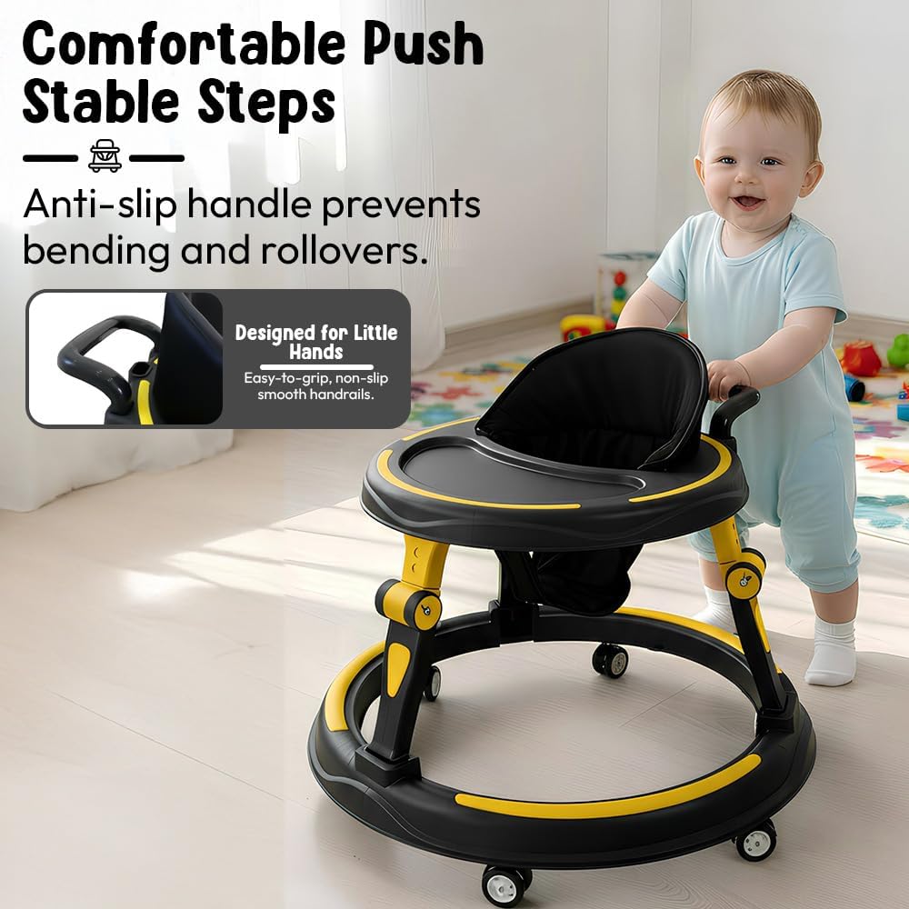 StarandDaisy Baby Walker for Babies, 6-18 Month Baby Boy & Girl, Adjustable Height Infant Learning Walker with 360° Wheels, Anti-Slip, Comfortable Padded Seat, Activity Tray, Foldable Toddler Walker (Orange-Black)