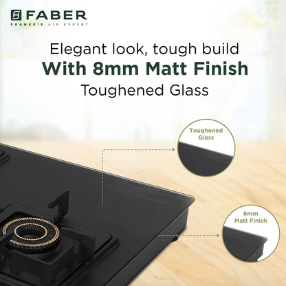 Faber Blossom Black Matt Glass Finish Cooktop| 4 Brass Burners-1Jumbo, 2Medium & 1Small |Manual Ignition | Heavy Pan Support With ABS Knobs | 5Yr Warranty on Glass & Burners by Faber| Blossom4BB BK CI